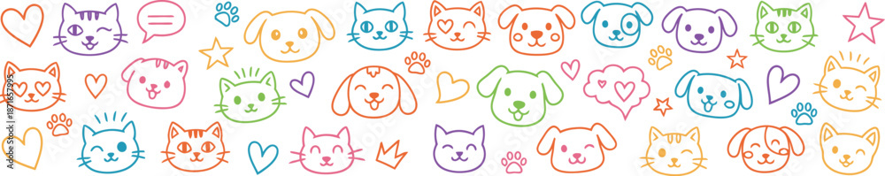 Fototapeta premium Hand Drawn Colorful Cartoon Animal Faces Pattern Design on White Background