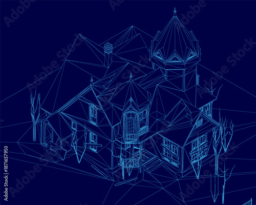 An abandoned house blueprint in wireframe style reveals intricate architectural details and surrounding trees on a solid blue background.