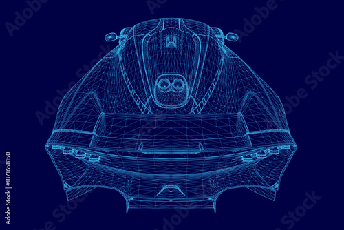 A detailed 3D wireframe model of a sport car blueprint, isolated on a solid blue background for clear presentation.