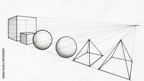 Geometric Shapes Drawn in One-Point Perspective with Vanishing Point
