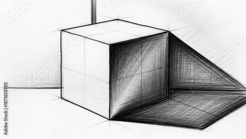 Pencil Sketch of a Cube with Light and Shadow Study