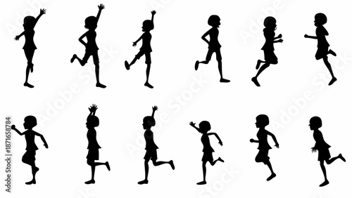 Collection of happy children running and playing energetically
