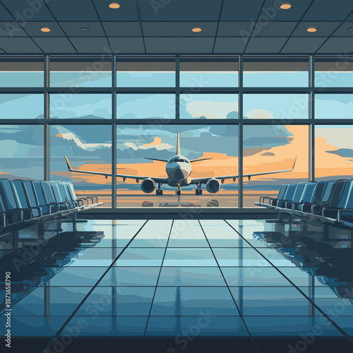 Empty airport waiting lounge with luggage and a view of an airplane on the runway through large windows. , vector style simple color