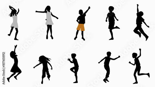 Children dancing in various poses and outfits with joy