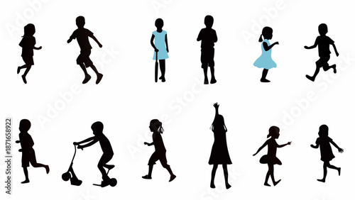 Children playing and running in various fun poses and actions