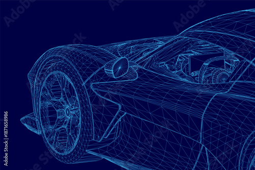 A detailed 3D wireframe model of a sleek sports car reveals its complex engineering and aerodynamic design on a solid blue background.