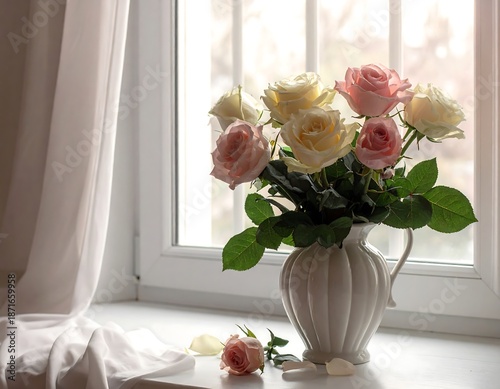 Wallpaper Mural Pastel roses in a vase by a window Torontodigital.ca