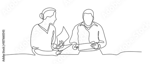 Business discussion of man and woman. Continuous line art illustration of a man and woman engaged in a professional discussion. A minimalist continuous line drawing depicts a man and a woman sitting