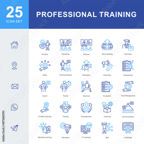 An 25 icon set illustrating professional training and skill development, including workshops, seminars, coaching, communication, e-learning, and team building activities.
