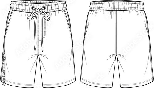 Men Elastic Waistband Drawstring Casual Shorts Technical Flat Fashion Sketch Vector Template Front and Back View for Apparel Design Mockup Professional