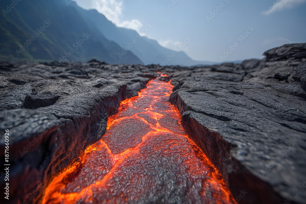 Naklejka premium Glowing Molten Lava River Flowing Through Dark Solidified Rocks in Volcanic Landscape
