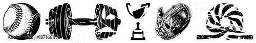 Baseball, Dumbbell, Trophy, Catcher’s Mitt, and Volleyball in Halftone Vector Style