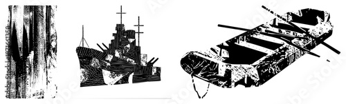 Vintage Ship and Canoe Silhouettes in Halftone Vector Art