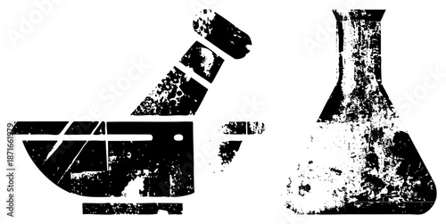 Grungy Laboratory Tools Mortar Pestle and Erlenmeyer Flask Silhouettes