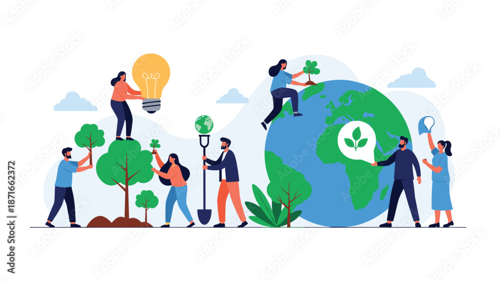 Fototapeta premium Diverse group of people working together to save the planet, planting trees and promoting green energy ideas for a sustainable future and healthy earth.