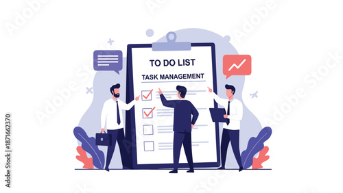 Businessmen collaborating on a giant to-do list, checking off completed tasks and managing their project workflow for increased productivity and efficiency.