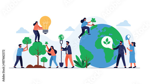 Diverse group of people working together to save the planet, planting trees and promoting green energy ideas for a sustainable future and healthy earth.