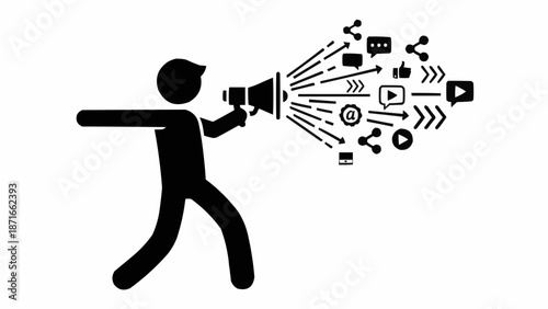 Person holding megaphone broadcasting social media icons and symbols.