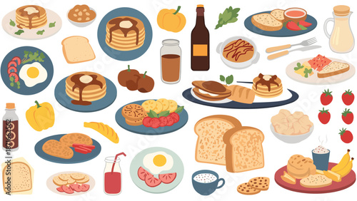 A diverse and delicious collection of classic breakfast food items, including pancakes, fried eggs, toast, fruits, and beverages, set for a morning meal.