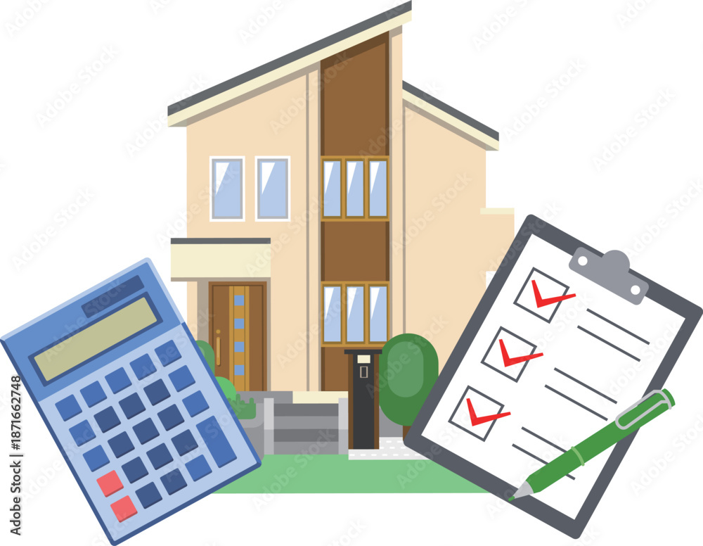 Fototapeta premium 一軒家とチェックリストと電卓のイラスト