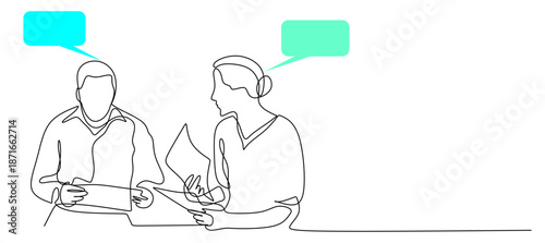 Business discussion between a man and a woman. This continuous line art illustration depicts a man and a woman engaged in a professional discussion. This minimalist continuous line drawing depicts a s