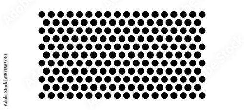 Black circular dots on white background. Mosaic holey print. Perforated metal texture. Peg board, radiator or speaker grill surface with repeated round holes. Vector graphic illustration.