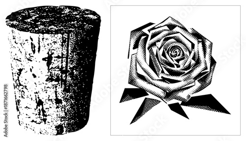 Vintage Cork Stopper and Geometric Rose in Halftone Vector Art
