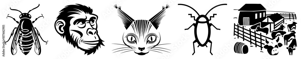 Fototapeta premium Black and White Animal & Farm Scene Vector Set