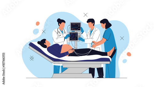 A medical team of doctors and a nurse performing an ultrasound scan on a pregnant woman to monitor the baby's health in a modern clinic.