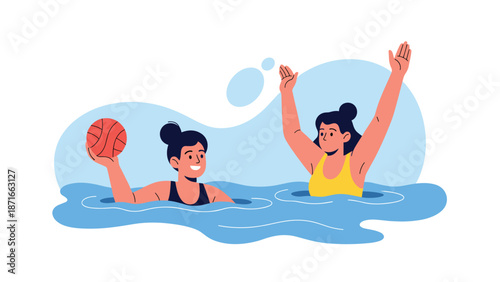 Two happy young women having fun and playing with a ball in the water, enjoying a refreshing swim during a summer vacation at the pool or beach.