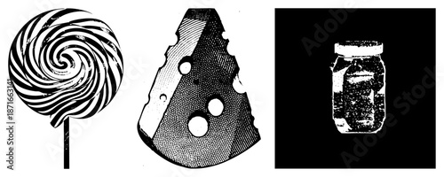 Swirled Lollipop, Cheese Slice, and Jar of Jam in Halftone Vector Style
