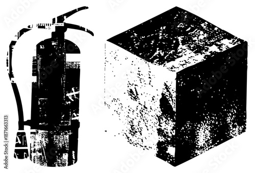 Fire Extinguisher and Textured Cube in High Contrast Vector Illustration