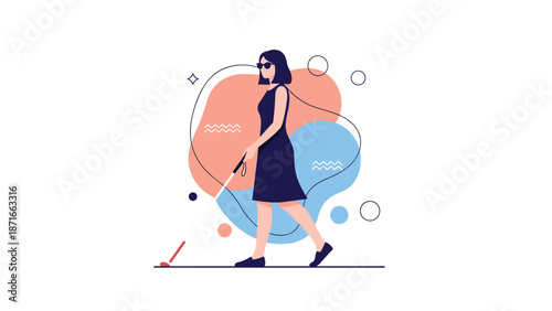 A blind woman with sunglasses confidently walking and navigating with a long white cane, representing independence and accessibility for visually impaired people.