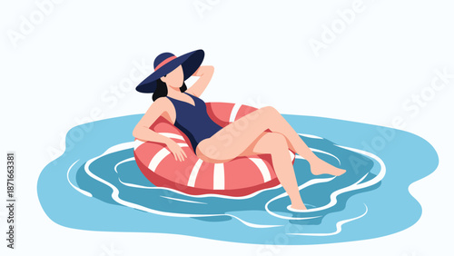 A relaxed young woman in a stylish swimsuit and sun hat floating on an inflatable ring in a swimming pool, enjoying her summer vacation.