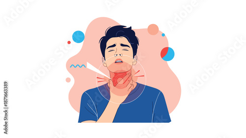 A young man suffering from a painful sore throat, holding his inflamed neck and showing symptoms of tonsillitis, flu, or a viral infection.