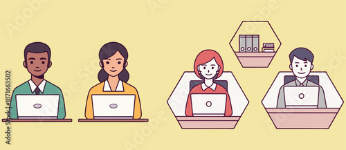 Modern office employees working on laptop computers at individual desks showcasing diverse professional workforce engaged in digital data processing and corporate administration tasks in studio