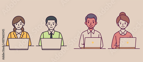 Diverse group of business professionals working diligently on their laptops at individual desks, showcasing teamwork and productivity in a modern office environment with a clean background