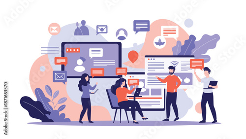 A business team collaborating on a digital marketing strategy, managing social media content, and engaging with online communities across multiple platforms.