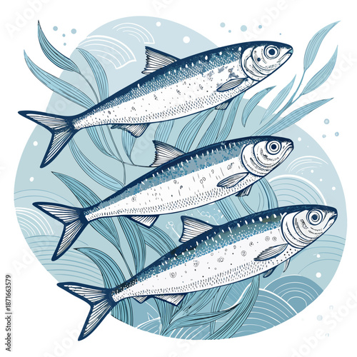 Sardines Vector Icon Sustainable Seafood Eco Kraft Packaging Monochrome