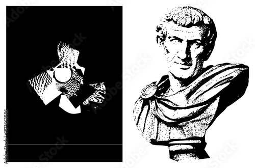 Roman Emperor Bust Portrait with Halftone Texture and Geometric Overlay