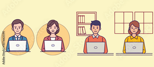 Professional office workers using laptop computers in row for remote work and digital communication illustrating corporate staff engaged in daily business tasks and online software operations