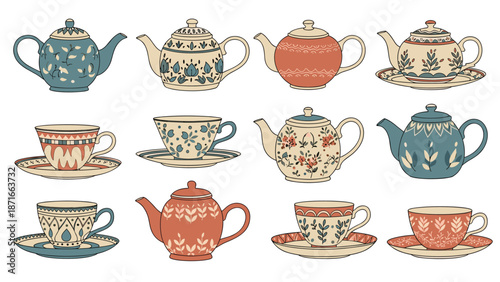 A beautiful collection of vintage teapots, teacups, and saucers decorated with intricate folk art floral and geometric patterns, perfect for a tea party.