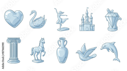 A beautiful collection of elegant ice sculptures, including a heart, swan, ballerina, castle, horse, and dolphin, isolated on a white background.