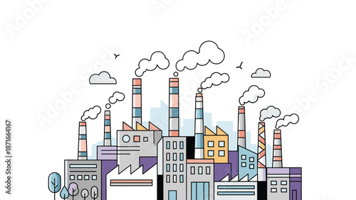 An industrial cityscape with factories and plants emitting smoke from their chimneys, illustrating topics of manufacturing, pollution, and industry.