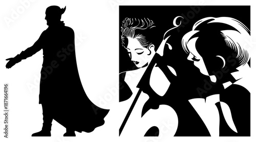 Silhouetted Wizard and Musicians Playing Violin and Cello