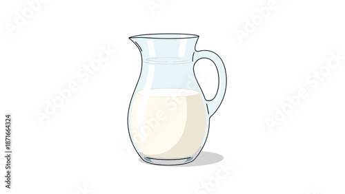 A clear glass pitcher containing fresh milk, illustrated in a simple and clean line art style, isolated on a white background.