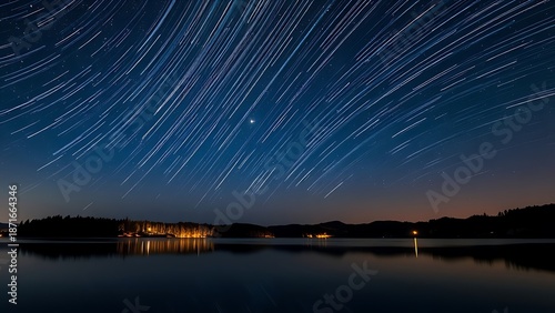 Night sky ablaze with electric blue and fiery orange meteor trails mirrored in a tranquil lake.
