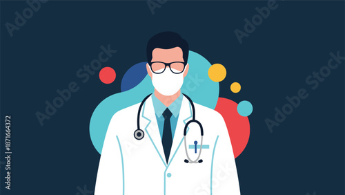 A portrait of a male doctor in a white coat with a stethoscope and face mask, representing the medical profession and healthcare services.