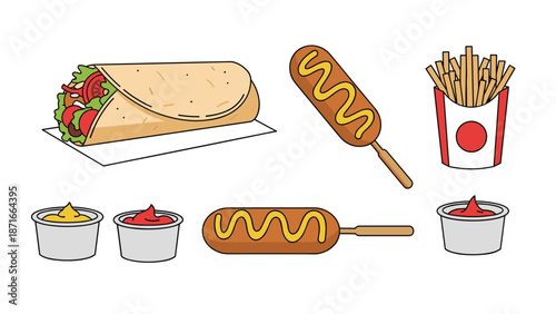 A set of popular street food items including a burrito, corn dogs with mustard, french fries, and dipping sauces like ketchup and mustard.