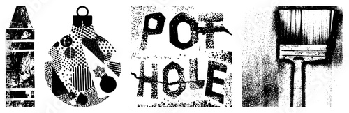 Abstract Graphic Featuring Crayon, Ornament, Pot Hole, and Paintbrush in Halftone Style